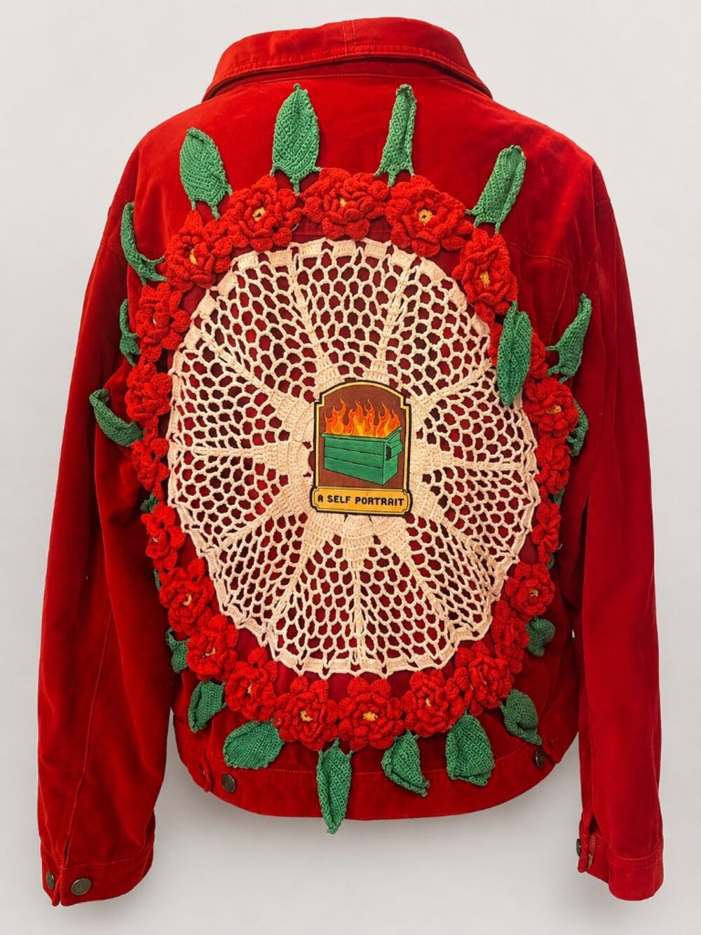 OOAK Upcycled Red Velvet Crochet Wearable Art Jacket